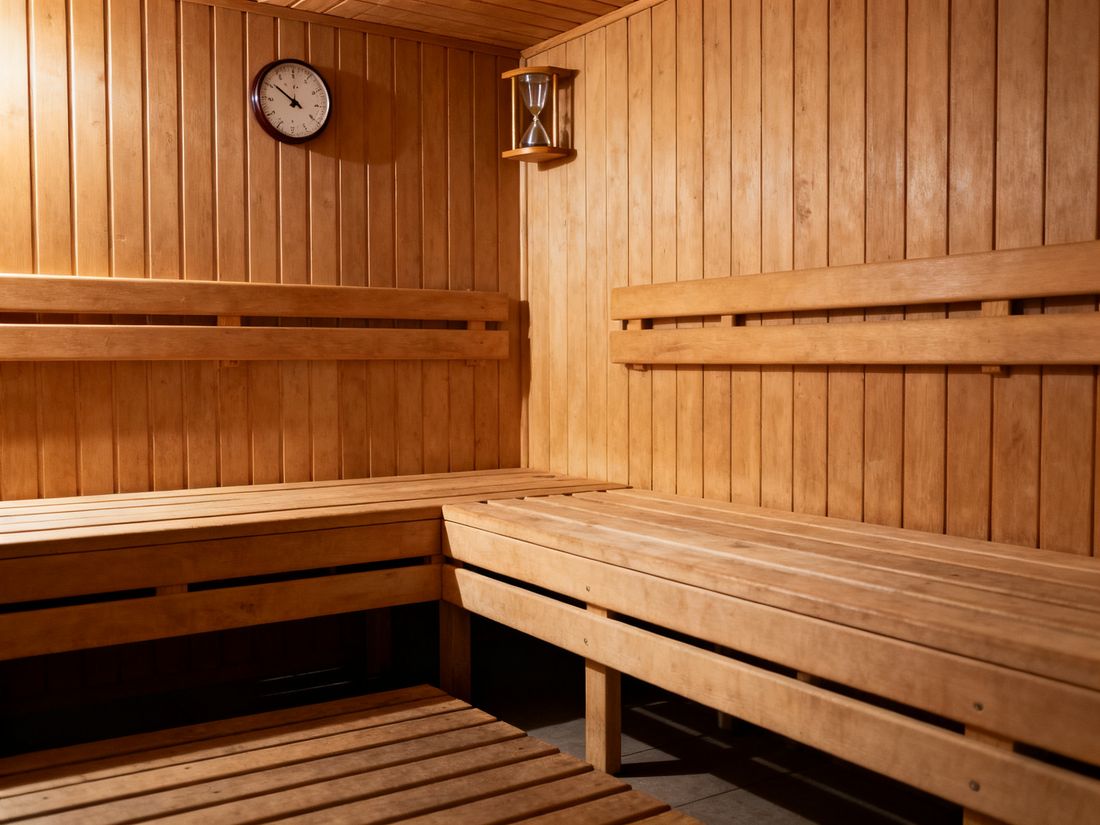 Innenraum einer finnischen Sauna mit Thermometer und Sanduhr an der Wand